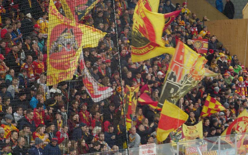 Zeichenfläche 3 Fans jubeln im Stadion mit Fahnen.